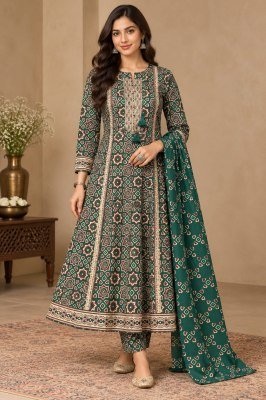 Kalamkari Print 3-Piece Cotton 60×60 A-Line Flair Suit Set Size wise Combo Set