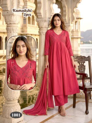 Kamakshi 3 Pcs Heavy Mal Chanderi Handwork Suit Set with Lace Dupatta kurti pant with dupatta Catalogs