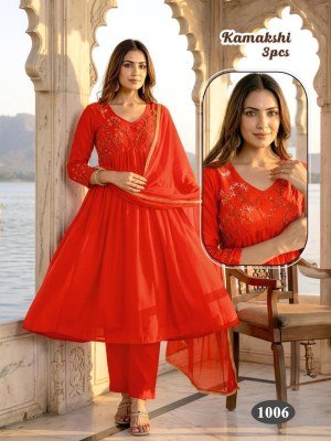 Kamakshi 3 Pcs Heavy Mal Chanderi Handwork Suit Set with Lace Dupatta kurti pant with dupatta Catalogs