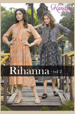 Kanasu by rihanna vol 2 reyon heavy capsual print kurti catalog with koti at wholesale rate Amavi