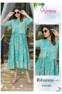 Kanasu by rihanna vol 2 reyon heavy capsual print kurti catalog with koti at wholesale rate kurtis catalogs