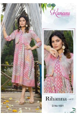 Kanasu by rihanna vol 2 reyon heavy capsual print kurti catalog with koti at wholesale rate kurtis catalogs