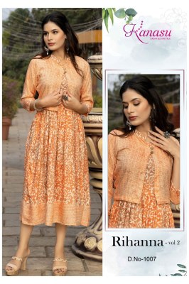 Kanasu by rihanna vol 2 reyon heavy capsual print kurti catalog with koti at wholesale rate kurtis catalogs