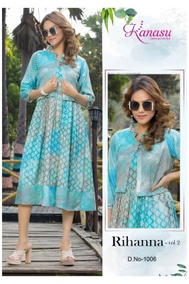 Kanasu by rihanna vol 2 reyon heavy capsual print kurti catalog with koti at wholesale rate kurtis catalogs