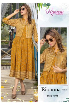 Kanasu by rihanna vol 2 reyon heavy capsual print kurti catalog with koti at wholesale rate kurtis catalogs