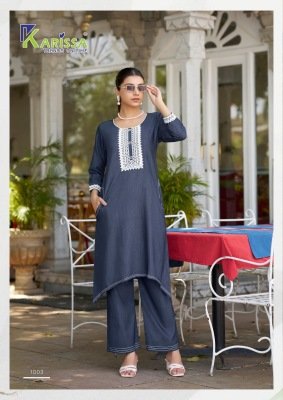 Karissa Aditi Fish Cut Denim Co Ord Set with Hand Embroidery Top And Pocket Pants Wholesale co ord set catalogs