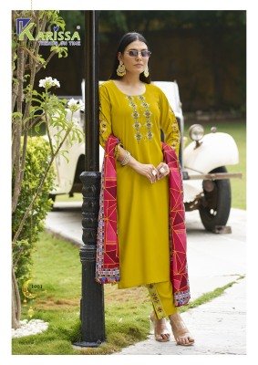 Karissa Anika Premium Liva Rayon Suit Top Bottom Muslin Digital Print Dupatta Hand And Thread Work Wholesale kurtis catalogs