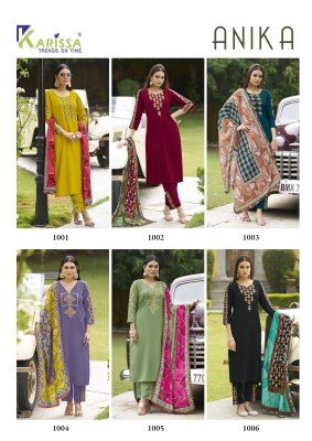Karissa Anika Premium Liva Rayon Suit Top Bottom Muslin Digital Print Dupatta Hand And Thread Work Wholesale kurtis catalogs