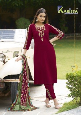 Karissa Anika Premium Liva Rayon Suit Top Bottom Muslin Digital Print Dupatta Hand And Thread Work Wholesale kurtis catalogs