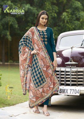 Karissa Anika Premium Liva Rayon Suit Top Bottom Muslin Digital Print Dupatta Hand And Thread Work Wholesale kurtis catalogs