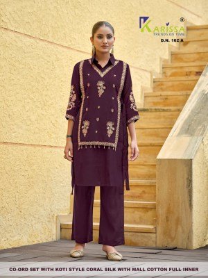 Karissa D.N.161 A-B & D.N.162 A-B Viscose Coral Silk Co-Ord Set with Koti co ord set catalogs