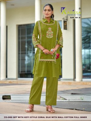 Karissa D.N.161 A-B & D.N.162 A-B Viscose Coral Silk Co-Ord Set with Koti co ord set catalogs