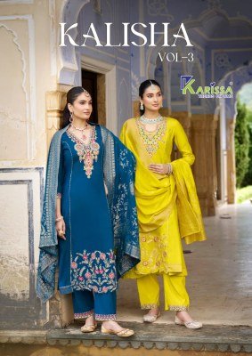 Karissa Kalisha Vol 3 Design 4 Premium Viscose Roman Silk Kurti Set with Pant And Banarasi Jacquard Muslin Dupatta Wholesale Karissa 