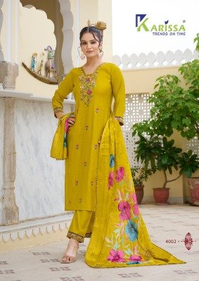 Karissa Nora Vol 4 Premium Viscose Top And Bottom Set with Hand Khatli Work And Digital Print Maslin Dupatta Wholesale kurtis catalogs