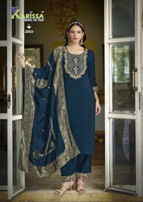 Karissa Roshani Vol 2 Premium Heavy Viscose Roman Silk Top And Pant Set with Cotton Mall Inner Banarasi Pure Dola Maslin Dupatta Featuring Jacquard An kurtis catalogs