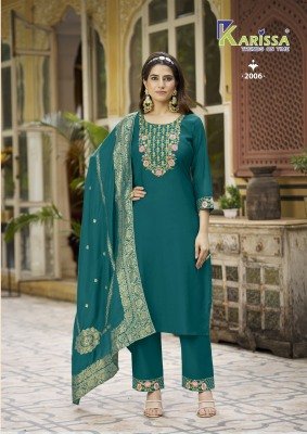Karissa Roshani Vol 2 Premium Heavy Viscose Roman Silk Top And Pant Set with Cotton Mall Inner Banarasi Pure Dola Maslin Dupatta Featuring Jacquard An kurtis catalogs