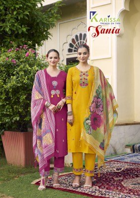Karissa Sania Premium Cotton Flex Threadwork  Embroidered Suit Set with Pant And Latkan Digital Print Dupatta Wholesale Karissa 