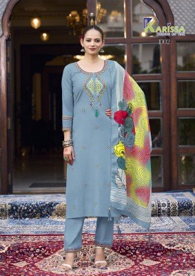 Karissa Sania Premium Cotton Flex Threadwork  Embroidered Suit Set with Pant And Latkan Digital Print Dupatta Wholesale kurtis catalogs