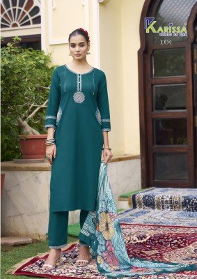 Karissa Sania Premium Cotton Flex Threadwork  Embroidered Suit Set with Pant And Latkan Digital Print Dupatta Wholesale kurtis catalogs