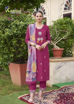 Karissa Sania Premium Cotton Flex Threadwork  Embroidered Suit Set with Pant And Latkan Digital Print Dupatta Wholesale kurtis catalogs