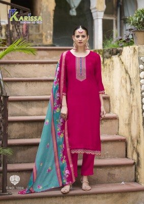 Karissa Swarra Premium Ultra Viscose Top And Bottom with Silk Jari Border Digital Print Dupatta Thread And Hand Work Embroidery Set Wholesale kurtis catalogs