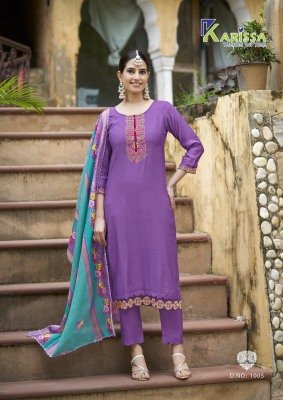 Karissa Swarra Premium Ultra Viscose Top And Bottom with Silk Jari Border Digital Print Dupatta Thread And Hand Work Embroidery Set Wholesale kurtis catalogs