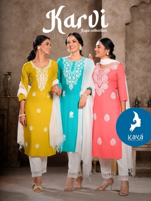 Karvi by kaya 3 piece concept with straight cut kurti with pant and dupatta catalogue at affordable rate Kaya kurti