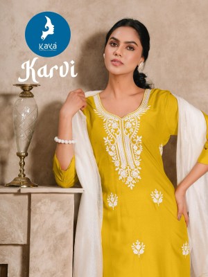 Karvi by kaya 3 piece concept with straight cut kurti with pant and dupatta catalogue at affordable rate readymade suit catalogs