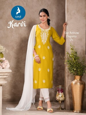 Karvi by kaya 3 piece concept with straight cut kurti with pant and dupatta catalogue at affordable rate readymade suit catalogs