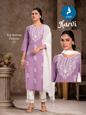 Karvi by kaya 3 piece concept with straight cut kurti with pant and dupatta catalogue at affordable rate readymade suit catalogs