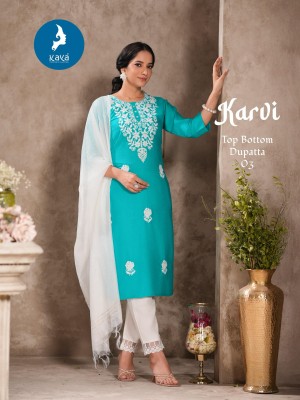 Karvi by kaya 3 piece concept with straight cut kurti with pant and dupatta catalogue at affordable rate readymade suit catalogs
