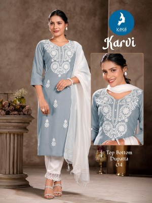 Karvi by kaya 3 piece concept with straight cut kurti with pant and dupatta catalogue at affordable rate readymade suit catalogs