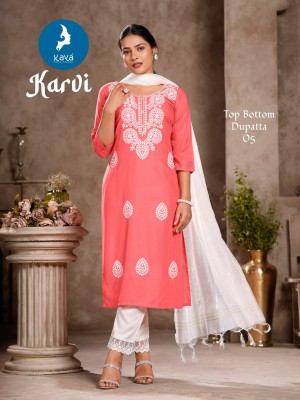 Karvi by kaya 3 piece concept with straight cut kurti with pant and dupatta catalogue at affordable rate readymade suit catalogs