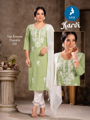Karvi by kaya 3 piece concept with straight cut kurti with pant and dupatta catalogue at affordable rate readymade suit catalogs