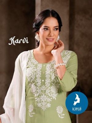 Karvi by kaya 3 piece concept with straight cut kurti with pant and dupatta catalogue at affordable rate readymade suit catalogs