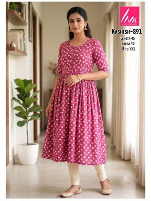 Kashish Rayon Liva Ghera Pom Pom Kurti kurtis catalogs