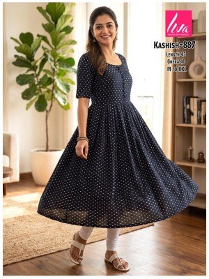Kashish Rayon Liva Ghera Pom Pom Kurti kurtis catalogs