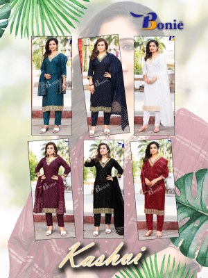 Kashvi by Bonie reyon mill gold foil print kurti pant and dupatta catalogue at low rate readymade suit catalogs