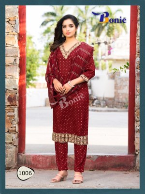 Kashvi by Bonie reyon mill gold foil print kurti pant and dupatta catalogue at low rate readymade suit catalogs