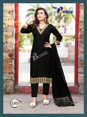 Kashvi by Bonie reyon mill gold foil print kurti pant and dupatta catalogue at low rate readymade suit catalogs
