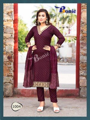 Kashvi by Bonie reyon mill gold foil print kurti pant and dupatta catalogue at low rate readymade suit catalogs