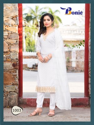 Kashvi by Bonie reyon mill gold foil print kurti pant and dupatta catalogue at low rate readymade suit catalogs