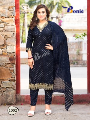 Kashvi by Bonie reyon mill gold foil print kurti pant and dupatta catalogue at low rate readymade suit catalogs