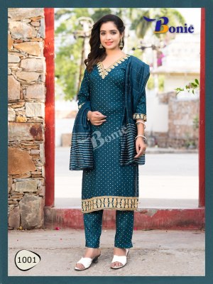 Kashvi by Bonie reyon mill gold foil print kurti pant and dupatta catalogue at low rate readymade suit catalogs
