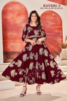 Kaveri 3 present faux georgette foil gold printed flared kurti catalogue at low rate  kurtis catalogs