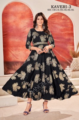 Kaveri 3 present faux georgette foil gold printed flared kurti catalogue at low rate  kurtis catalogs