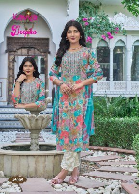 Kavya Deepika Vol 45 Straight Kurti with Embroidered Neck  Pocket Pant And Nazleen Dupatta Wholesale kurtis catalogs