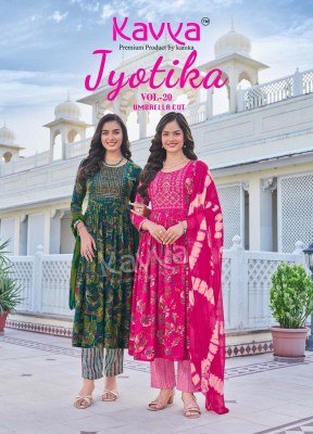 Kavya Jyotika Vol 20 Umbrella Cut Suit Set Capsule Foil Print with Top Embroidered Neck Premium Stitched Pant And Nazleen Chiffon Dupatta Wholesale Kavya 