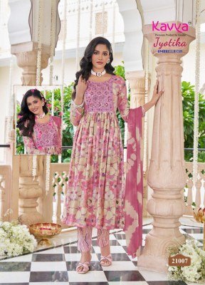 Kavya Jyotika Vol 21 Umbrella Cut Set  Capsule Foil Print Top with Elegant Neck Embroidery And Comfort Fit Capsule Print Bottom Nazneen Chiffon Dupatt kurtis catalogs