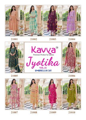 Kavya Jyotika Vol 21 Umbrella Cut Set  Capsule Foil Print Top with Elegant Neck Embroidery And Comfort Fit Capsule Print Bottom Nazneen Chiffon Dupatt kurtis catalogs